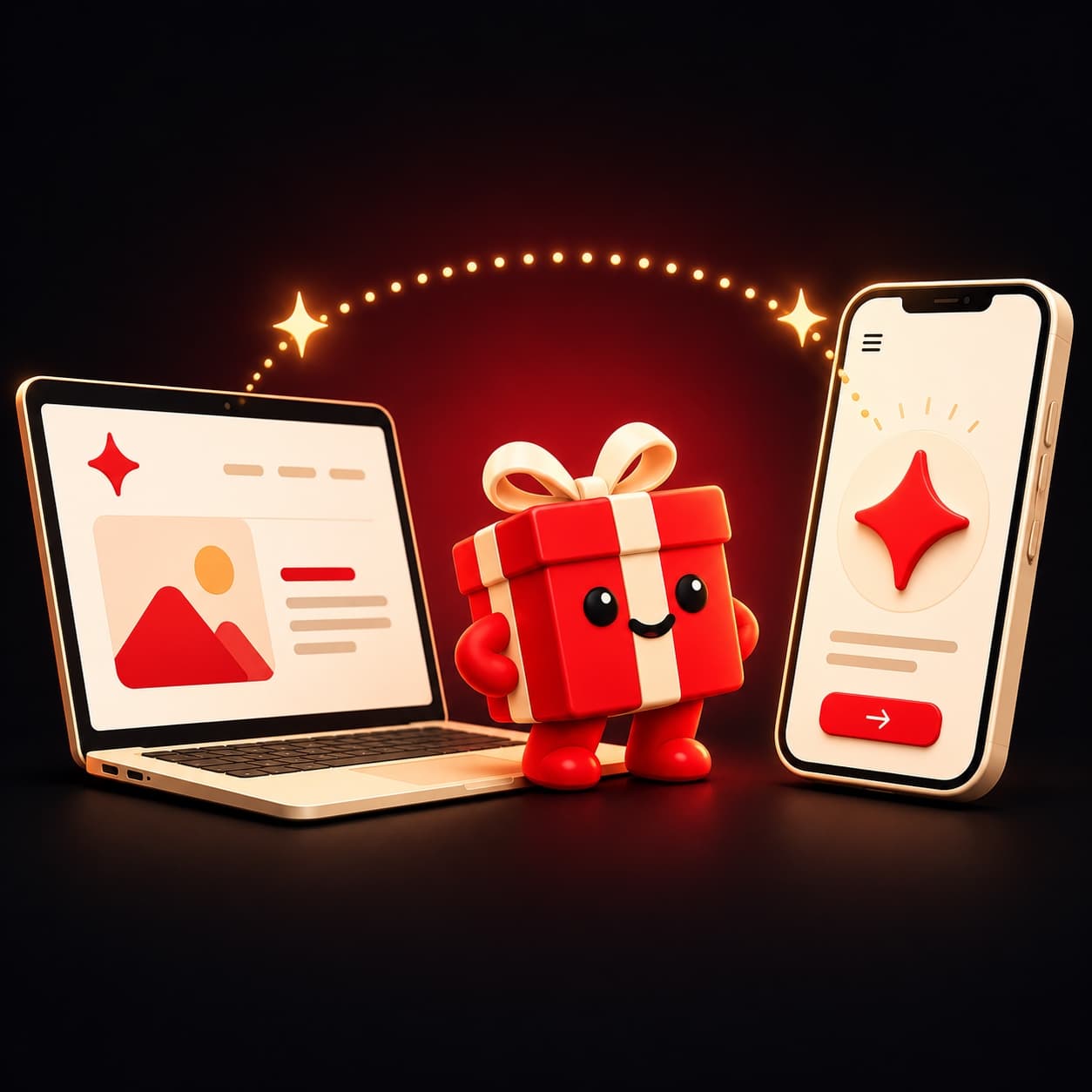 Merchie mascot standing between a laptop showing a med spa website and a phone showing the matching branded client app, with brand assets traveling between them