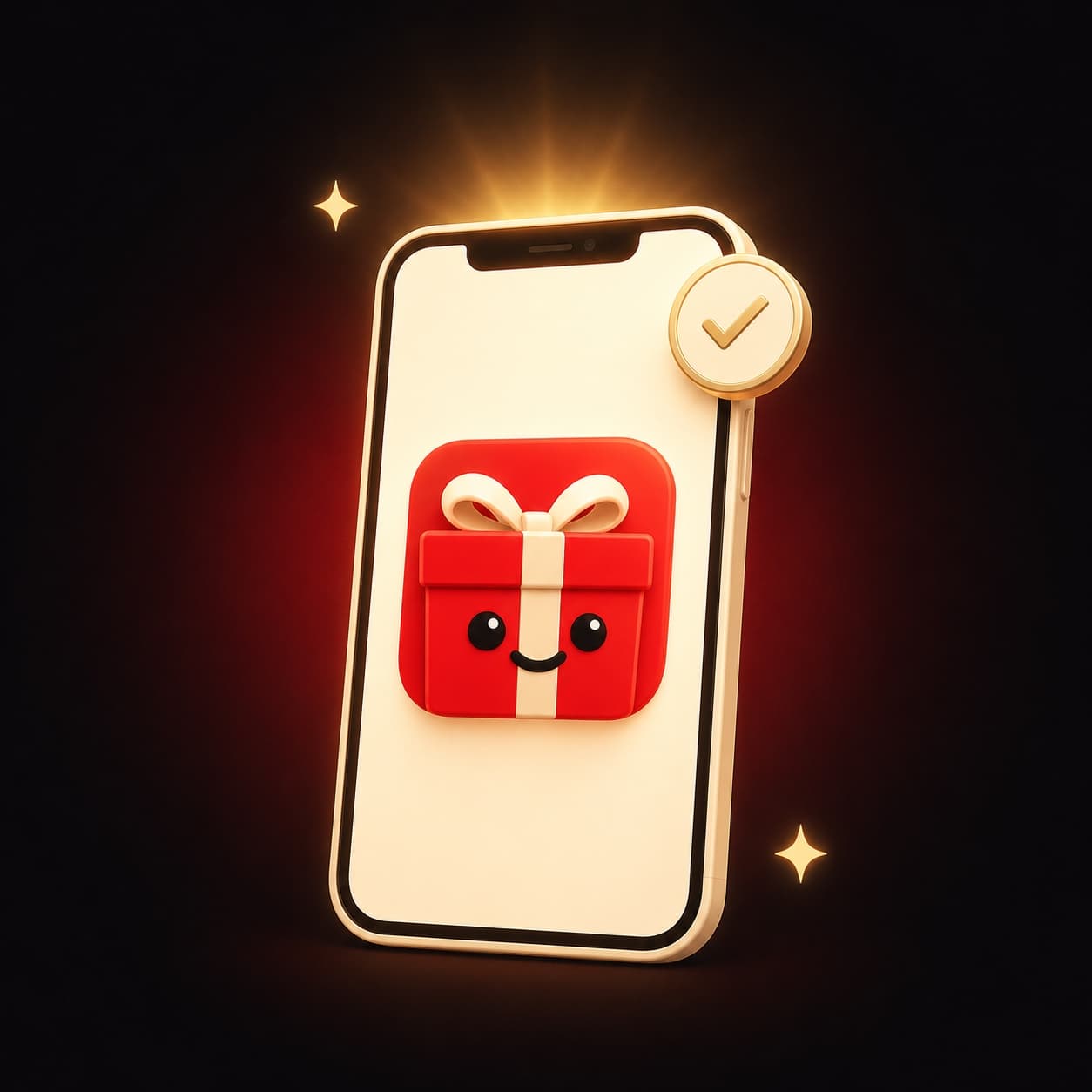 Glowing smartphone displaying the Merchie gift-box mascot as its app icon, with an App Store approval badge beside it