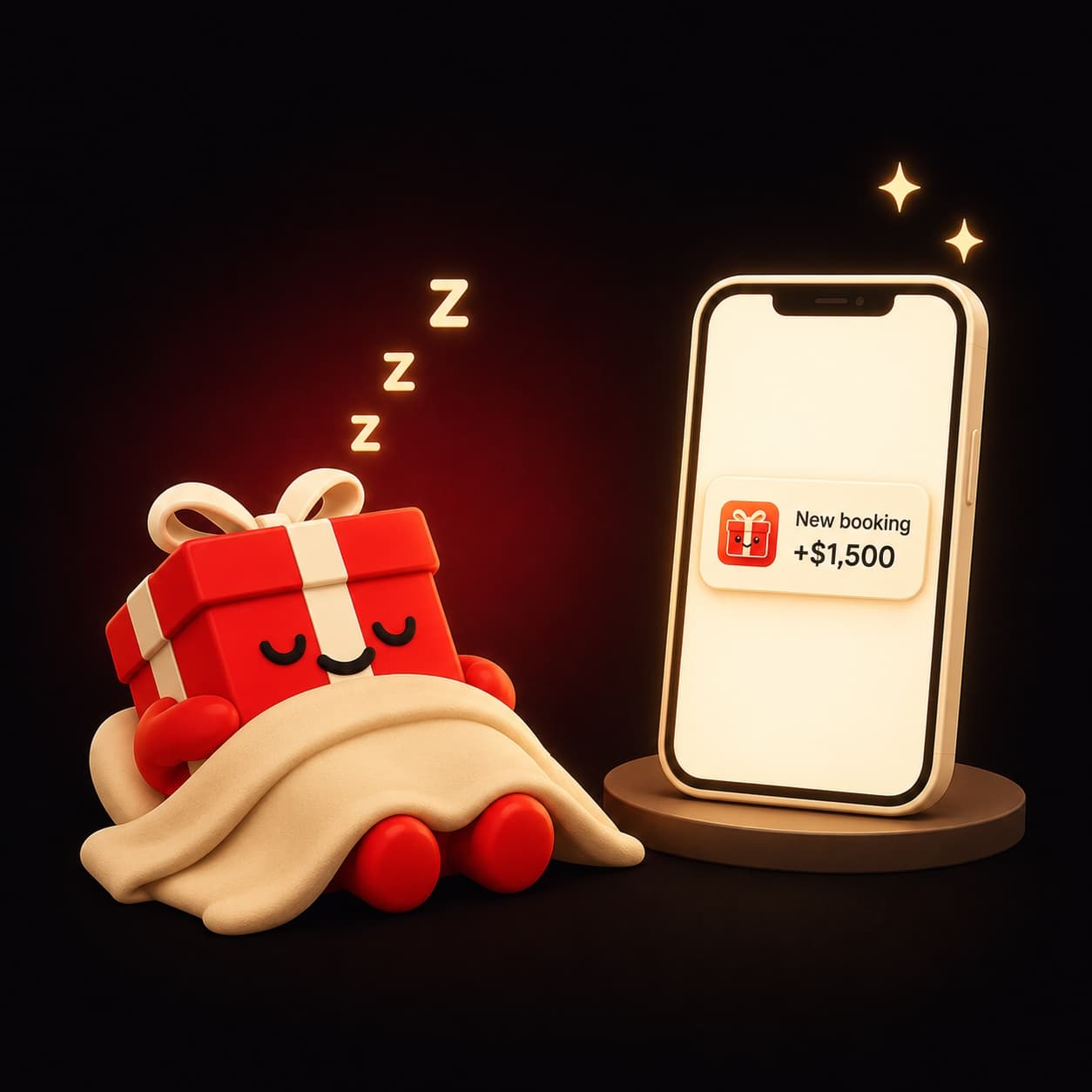 Merchie mascot sleeping peacefully under a blanket while a phone beside it shows a New booking +$1,500 notification
