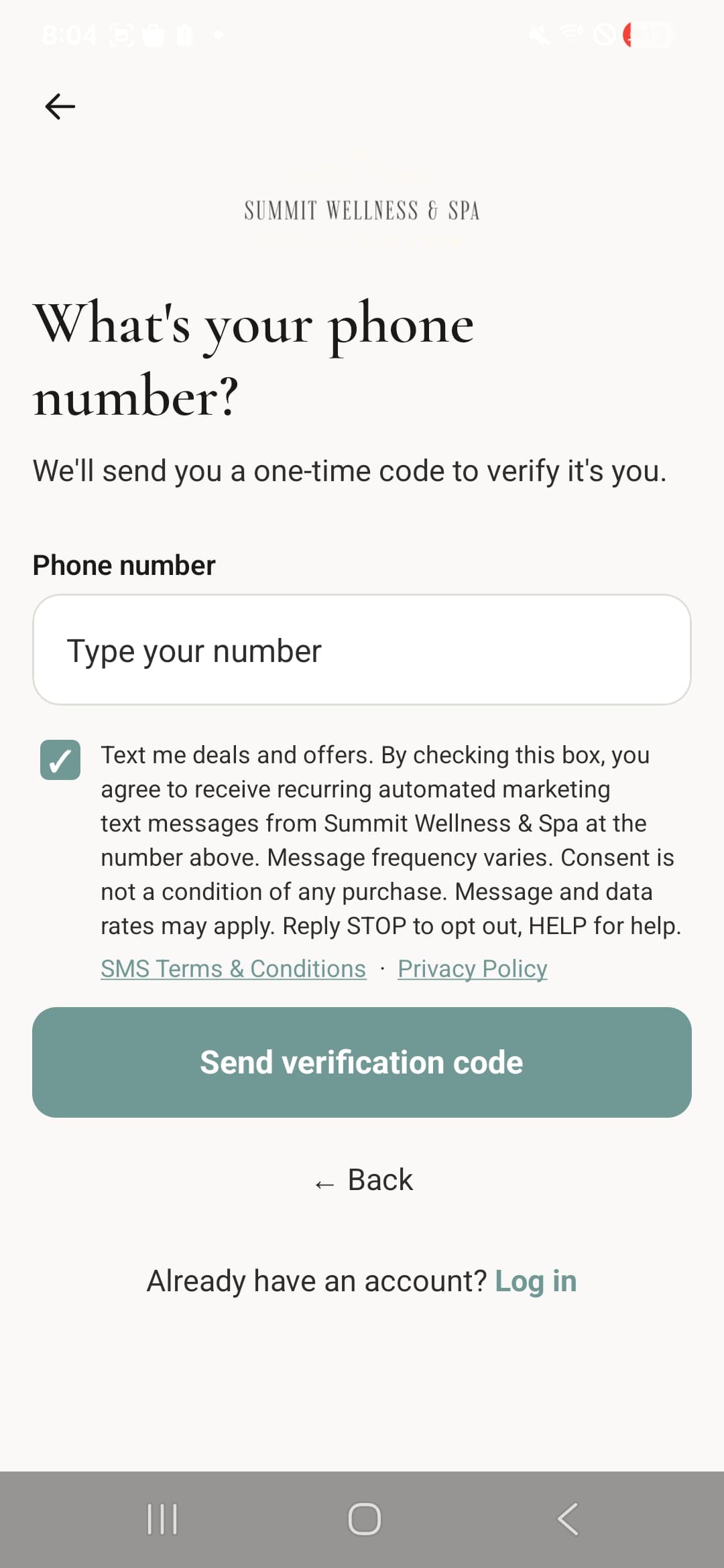 App sign-up screen titled 'What's your phone number?' with a phone number field and, beneath it, a single 'Text me deals and offers' checkbox showing a checkmark and carrying the full SMS marketing consent disclosure, followed by a row of two links reading 'SMS Terms & Conditions' and 'Privacy Policy'. The 'Send verification code' button below is active. No other consent appears on the screen.
