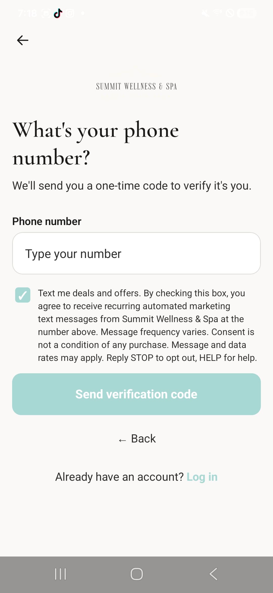 The same sign-up screen after the customer has tapped the checkbox: the 'Text me deals and offers' box now shows a checkmark and the 'Send verification code' button below it is fully coloured and enabled.