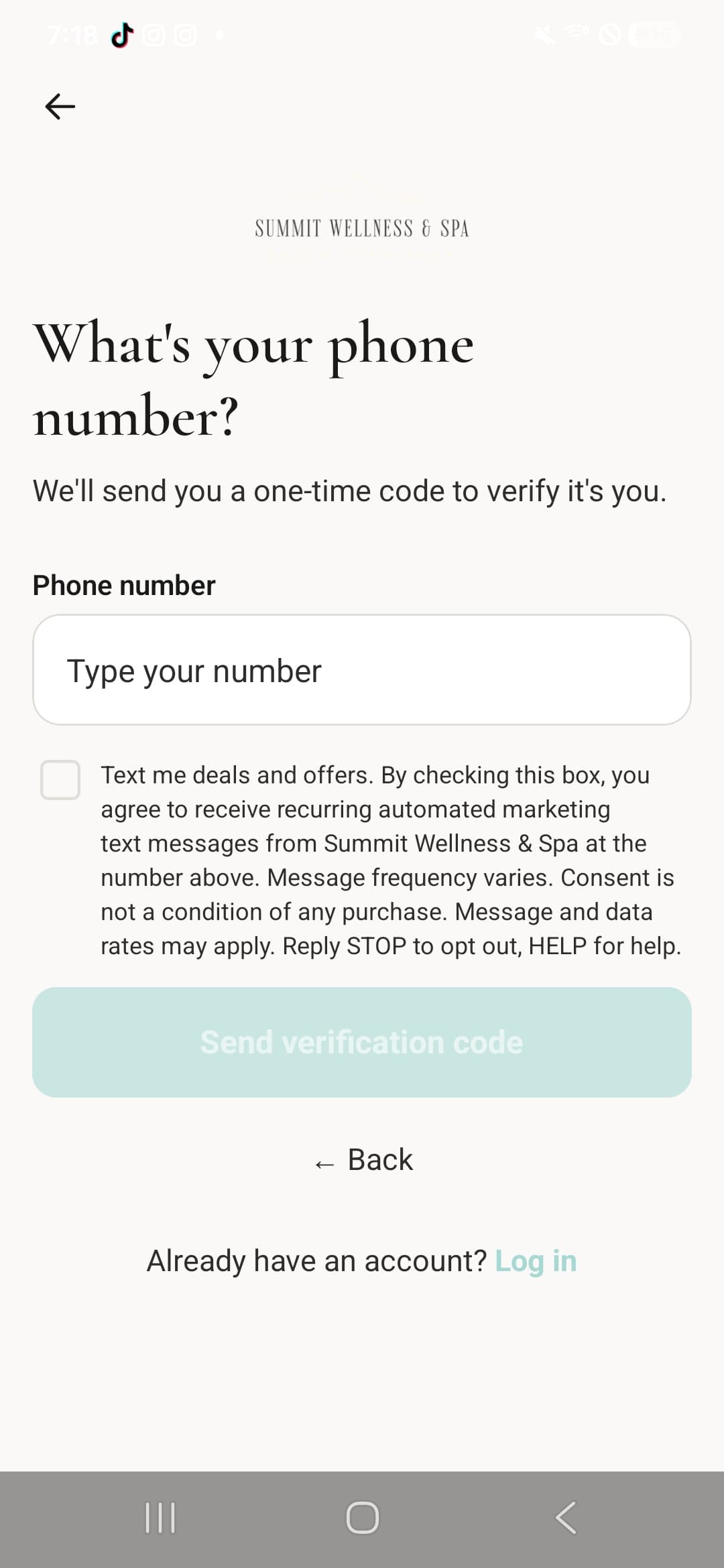 App sign-up screen titled 'What's your phone number?' with a phone number field and, beneath it, a single empty 'Text me deals and offers' checkbox carrying the full SMS marketing consent disclosure. The 'Send verification code' button below is greyed out and disabled. No other consent appears on the screen.